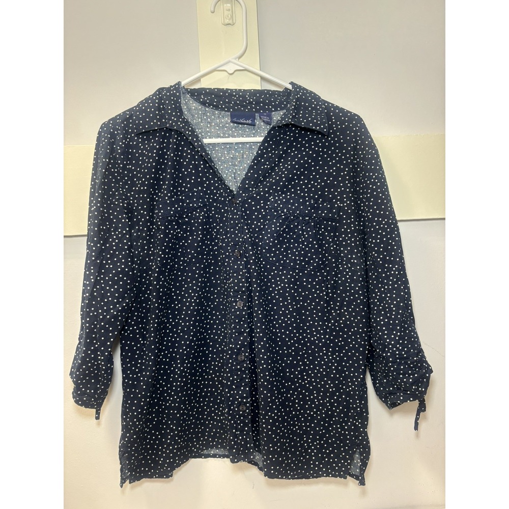 Gloria Vanderbilt Casuals Navy Polka Dot Button Down Shirt 3/4 Tie Sleeve Medium
